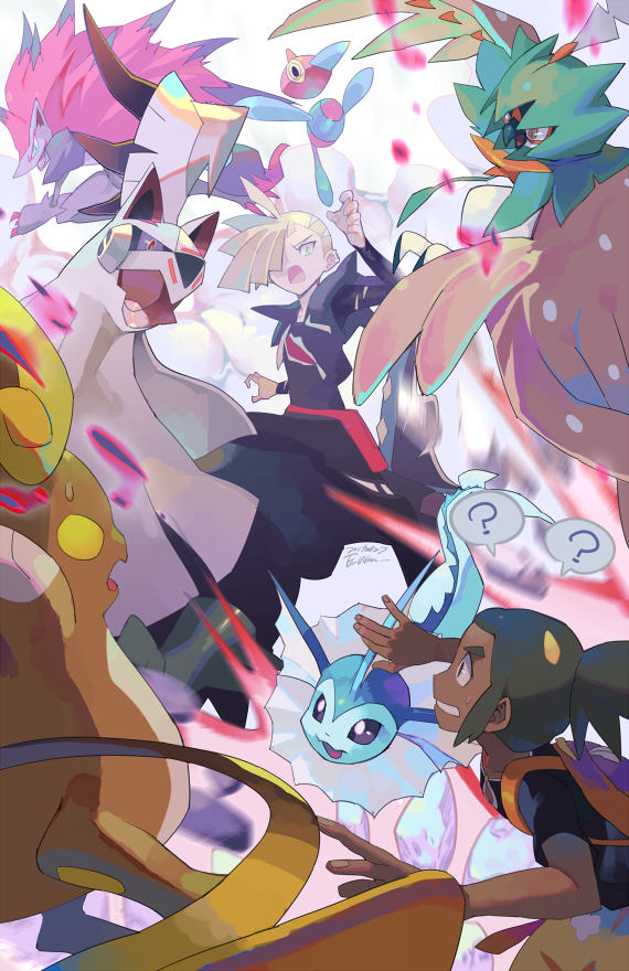 2boys, ?, alolan_form, alolan_raichu, asymmetrical_bangs, backpack, bag, bangs