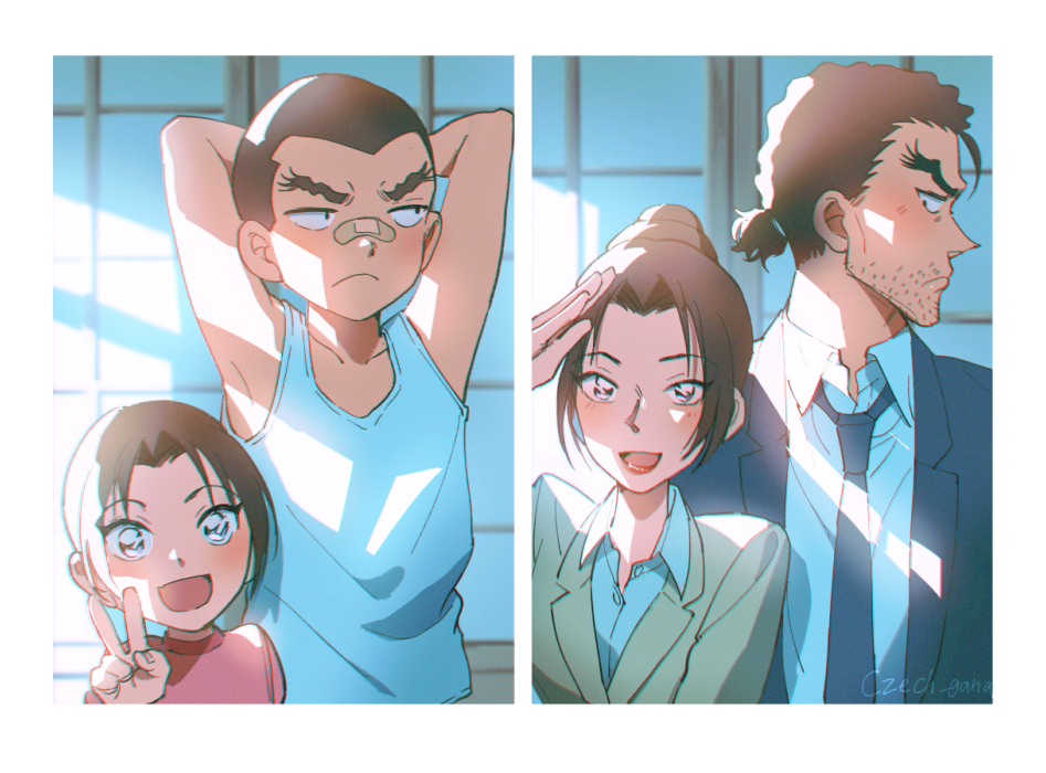 1boy, 1girl, age_comparison, arms_behind_back, bandaid, bandaid_on_nose, blush, buzz_cut