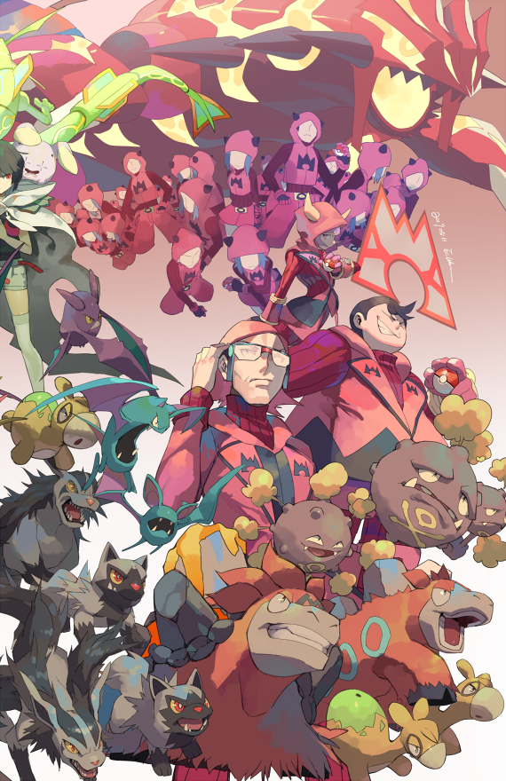 6+boys, 6+girls, black_hair, camerupt, closed_mouth, commentary_request, courtney_(pokemon), crobat