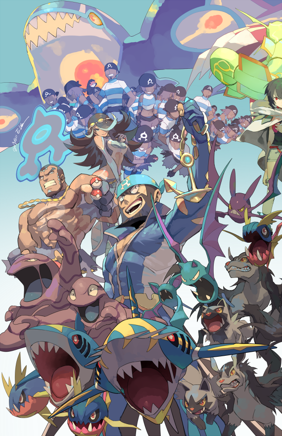6+boys, 6+girls, abs, anchor, archie_(pokemon), bandana, brown_hair, carvanha, commentary_request, crobat, dark_skin, ege_(597100016), facial_hair, gen_1_pokemon, gen_2_pokemon, gen_3_pokemon, gloves, grimer, kyogre, legendary_pokemon, matt_(pokemon), mightyena, muk, multiple_boys, multiple_girls, muscle, navel, open_mouth, pokemon, pokemon_(game), pokemon_oras, poochyena, primal_kyogre, rayquaza, sharpedo, shelly_(pokemon), shirtless, skin_tight, team_aqua, team_aqua_grunt, teeth, zinnia_(pokemon)