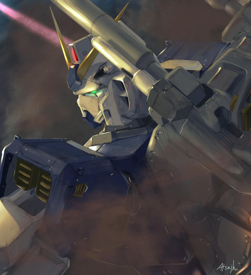 absurdres, atsajh, close-up, from_behind, glowing, glowing_eyes, green_eyes, gundam