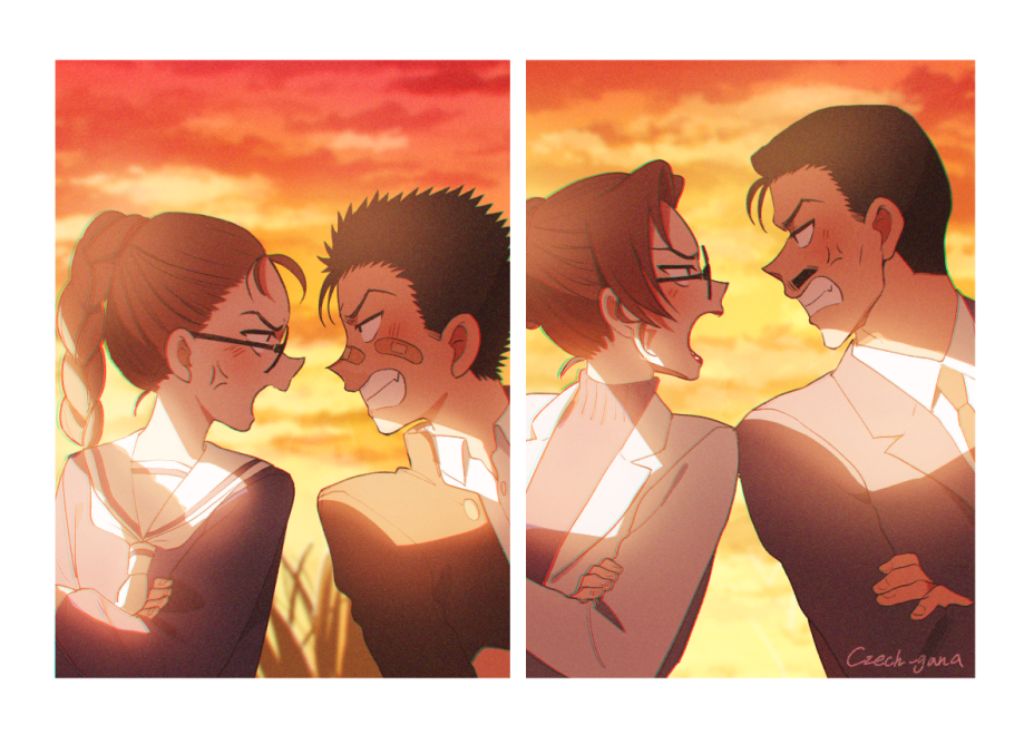 1boy, 1girl, age_comparison, anger_vein, bandaid, bandaid_on_face, bandaid_on_nose, black-framed_eyewear