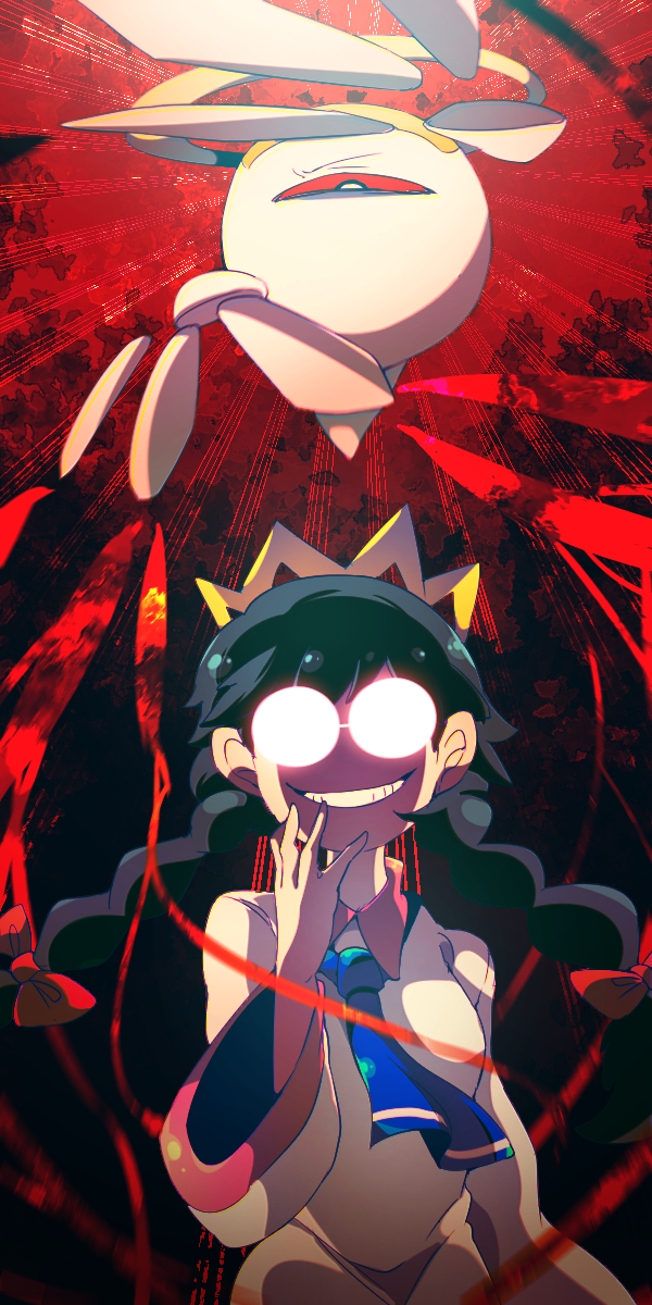1girl, 1other, bandaid, black_hair, blue_neckwear, braid, crown, dress, glasses, grin, halo, hand_to_own_mouth, highres, kirby_(series), kirby_64, looking_at_viewer, opaque_glasses, red_eyes, red_sclera, ripple_star_queen, shirushiki, smile, twin_braids, white_dress, zero_two_(kirby)