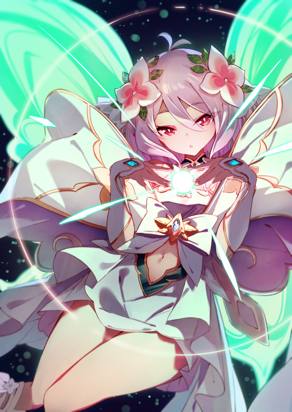 1girl, :o, bibisuka, boots, closed_eyes, dress, elbow_gloves, eyebrows_visible_through_hair, fairy_wings, flower, gloves, hair_between_eyes, hair_flower, hair_ornament, jewelry, kokkoro_(princess_connect!), navel, navel_cutout, princess_connect!, princess_connect!_re:dive, red_eyes, ribbon, short_hair, silver_hair, solo, white_dress, white_ribbon, wings