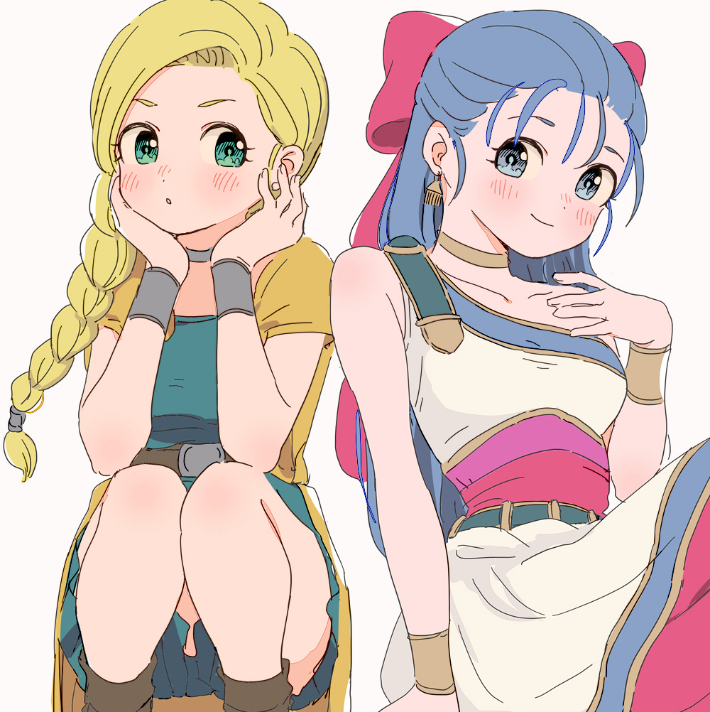 2girls, bianca_(dq5), blonde_hair, blue_eyes, blue_hair, blush, bow, braid, breasts, cape, choker, closed_mouth, commentary, dragon_quest, dragon_quest_v, dress, earrings, flora_(dq5), hair_bow, hair_over_shoulder, jewelry, long_hair, looking_at_viewer, miyama_(kannsannn), multiple_girls, open_mouth, pink_bow, simple_background, single_braid, smile