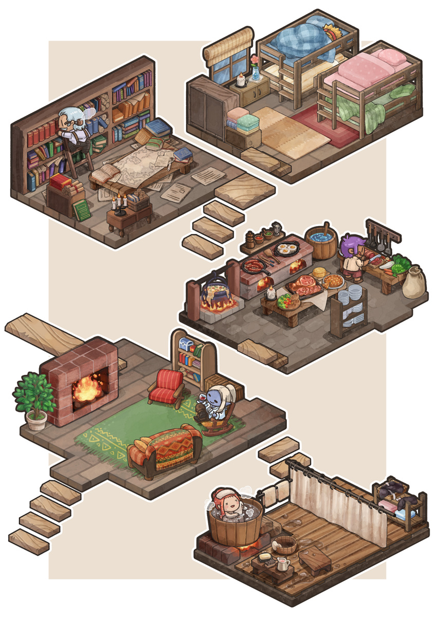 1girl, 3boys, =_=, alcohol, armchair, bamboo_screen, bath, bath_stool