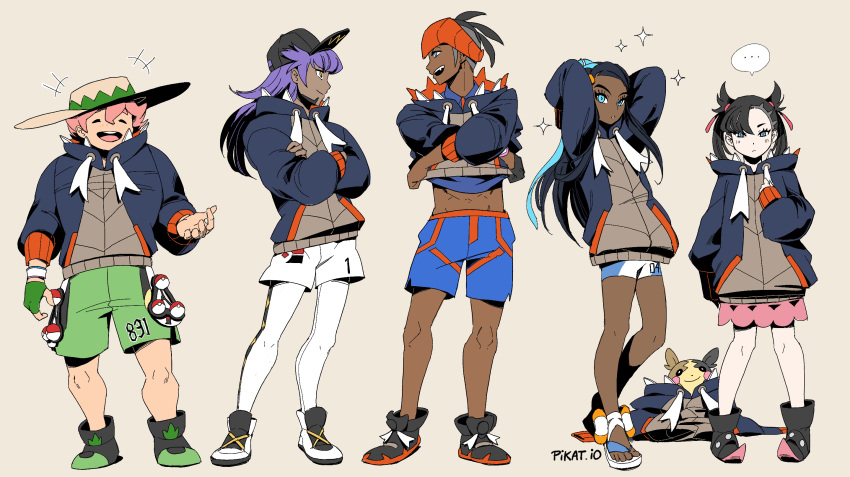 ..., 2girls, 3boys, arms_behind_head, asymmetrical_bangs, bangs, baseball_cap, beige_headwear