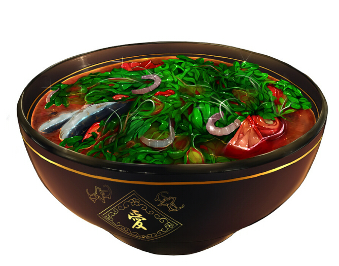 bowl, commentary_request, fish, food, makanesque, no_humans, original, salmon