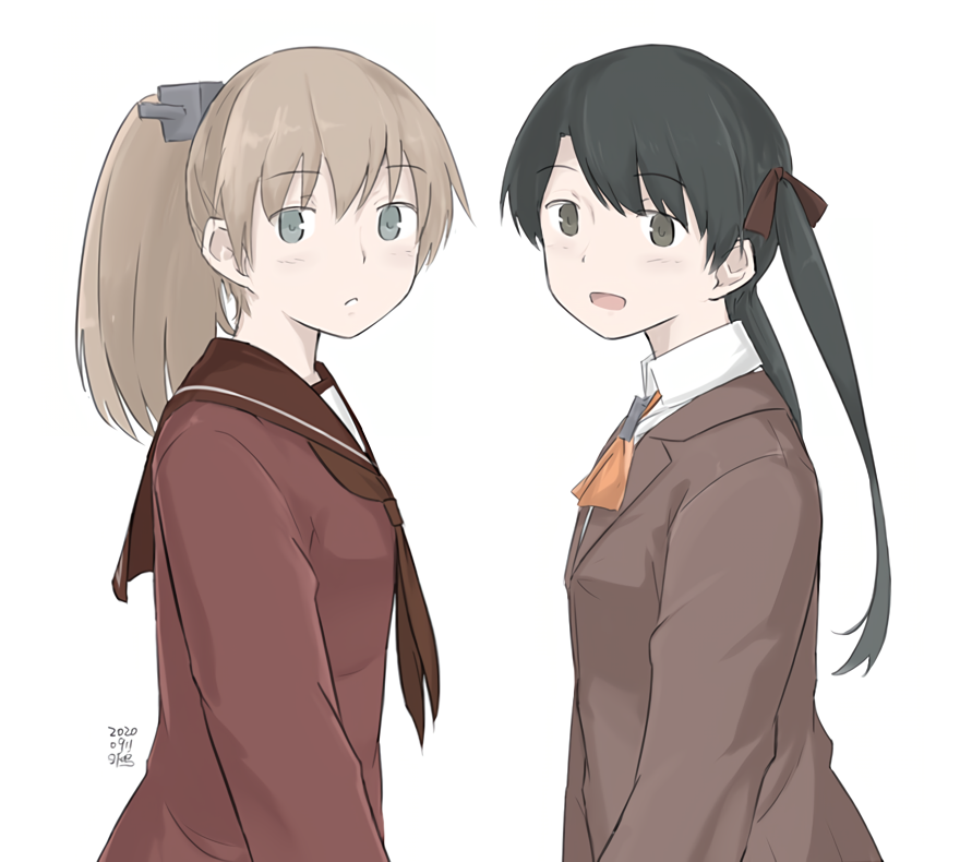 2girls, artist_name, ascot, black_hair, blazer, brown_hair, brown_jacket, brown_neckwear