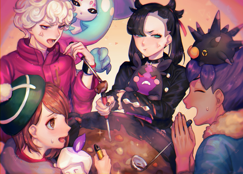 2boys, 2girls, anger_vein, bangs, bede_(pokemon), black_choker, black_hair, black_nails