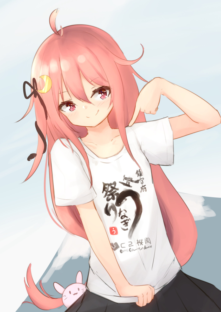 1girl, ahoge, alternate_costume, blush, bunny_hair_ornament, centi_mnkt, crescent, crescent_hair_ornament