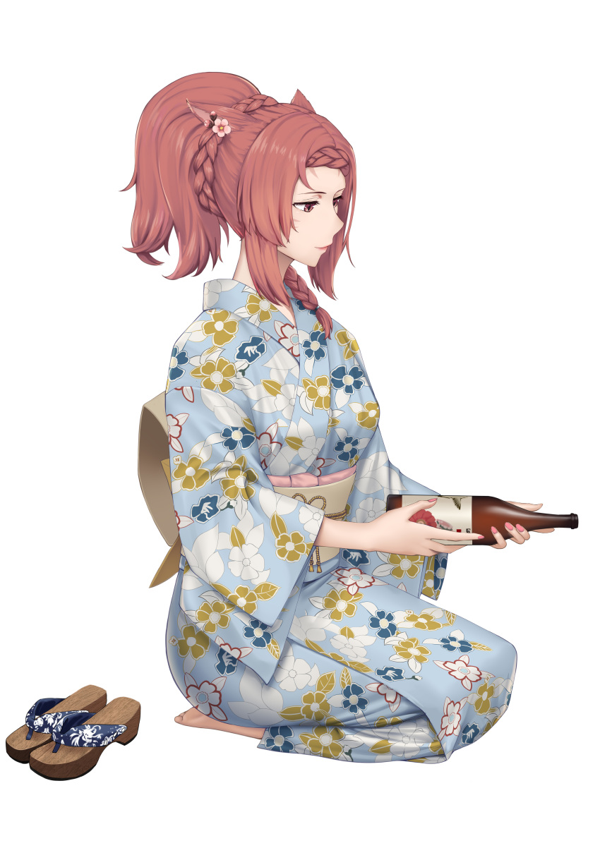 1girl, absurdres, animal_ears, blue_kimono, bottle, braid, cat_ears, cat_girl