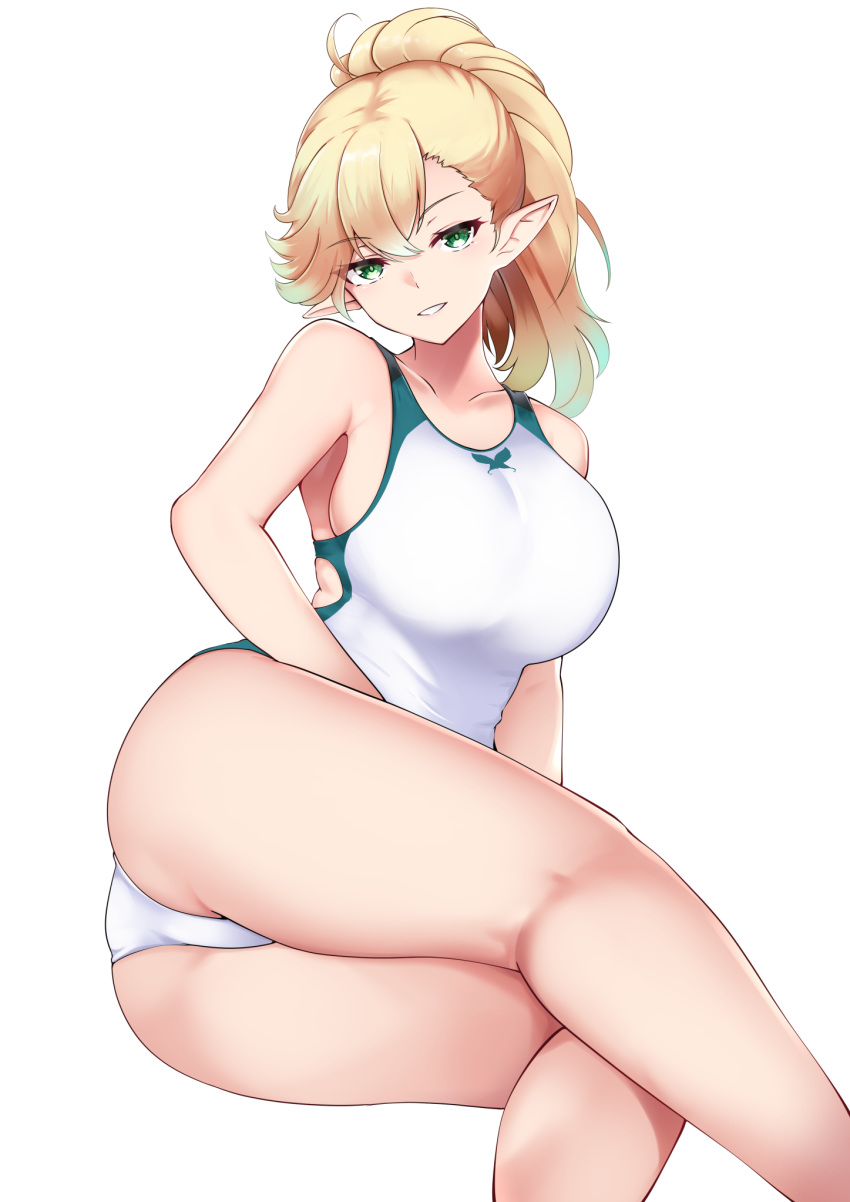 1girl, arm_support, ass, blonde_hair, breasts, green_eyes, highres, large_breasts