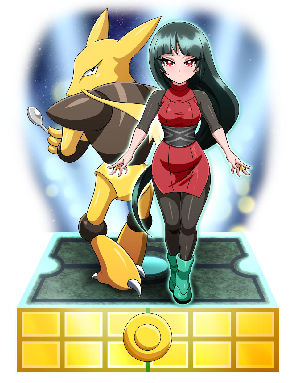 1girl, alakazam, black_hair, breasts, closed_mouth, dress, gen_1_pokemon, gym_leader