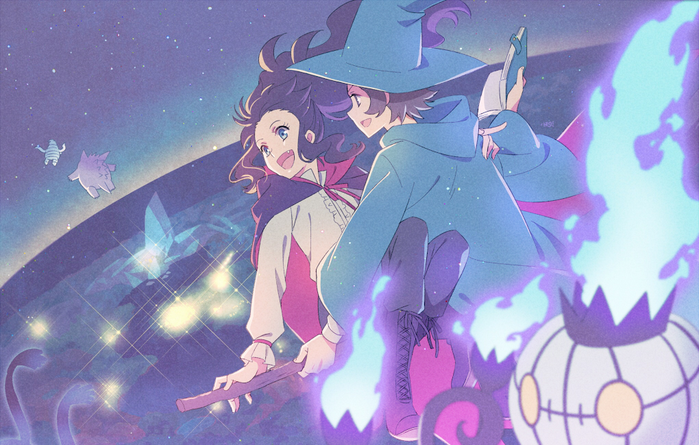 1boy, 1girl, blue_eyes, blue_headwear, book, boots, broom, broom_riding