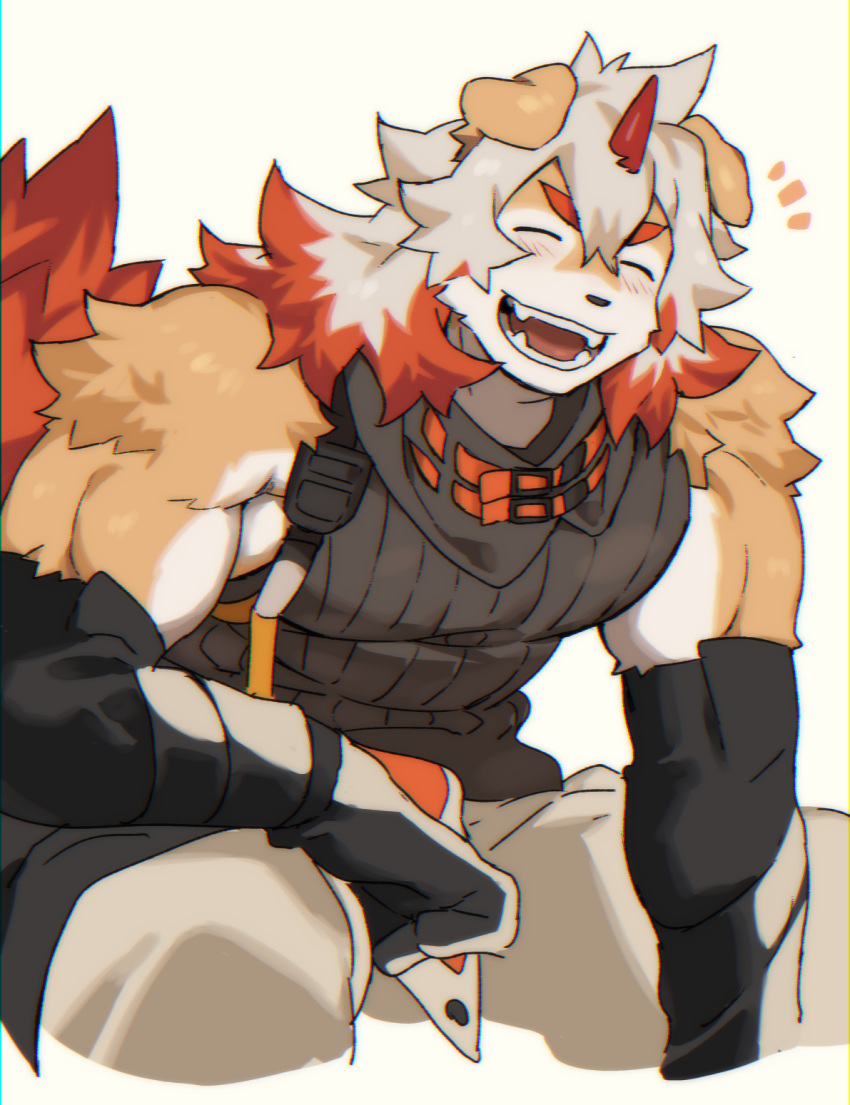 1boy, animal_ears, arknights, bara, blush, brown_fur, chest, dog_boy