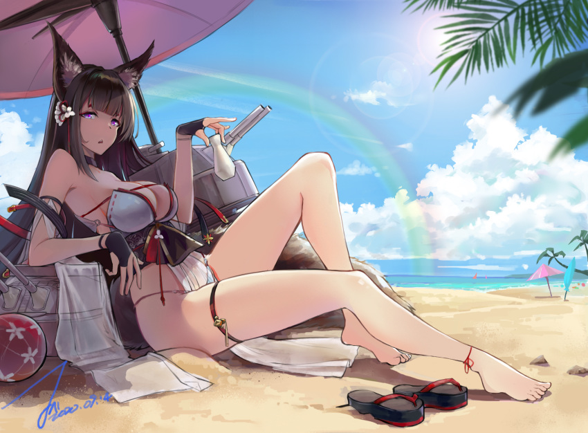 amagi_(azur_lane), animal_ears, azur_lane, bangs, barefoot, beach, breasts, brown_hair