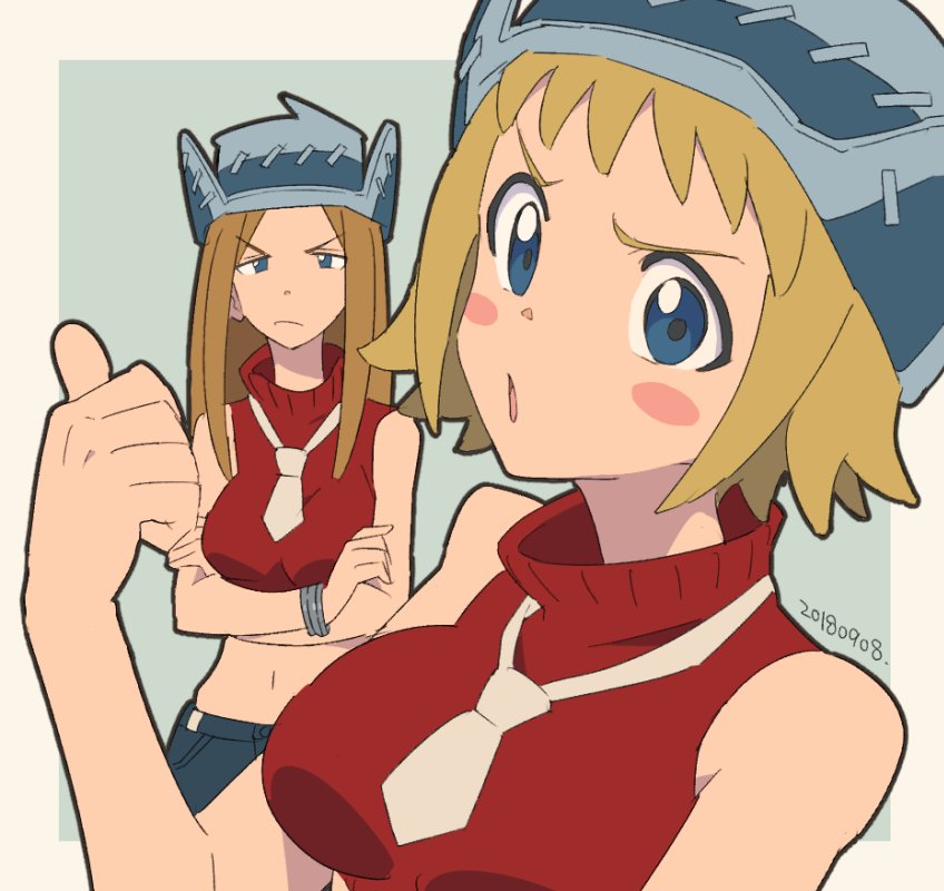 2girls, bangs, blonde_hair, blue_eyes, blush_stickers, bracelet, breasts, brown_hair