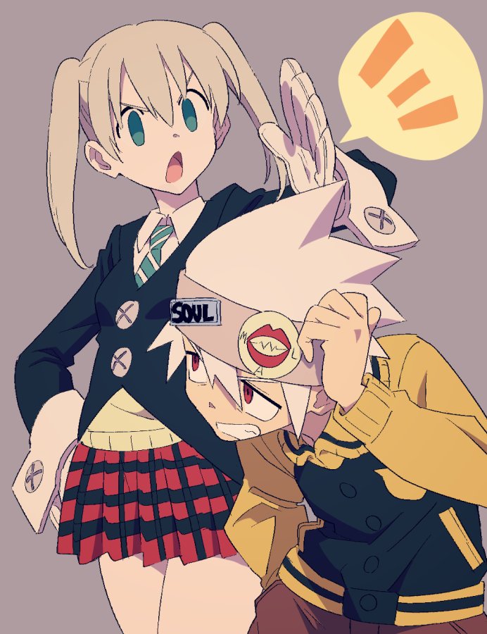 1boy, 1girl, bangs, black_jacket, blonde_hair, chop, clenched_teeth, enotou_(enotou_moi)