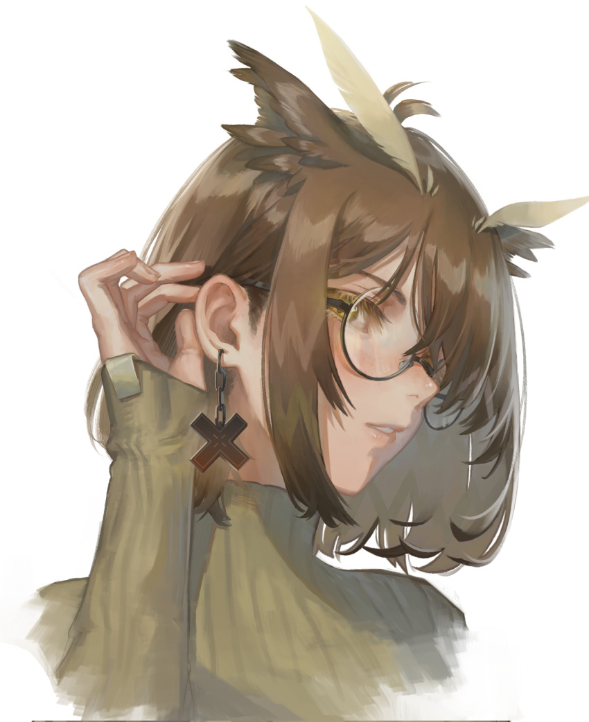 1girl, arknights, blush, brown_hair, duzt, from_side, glasses, highres