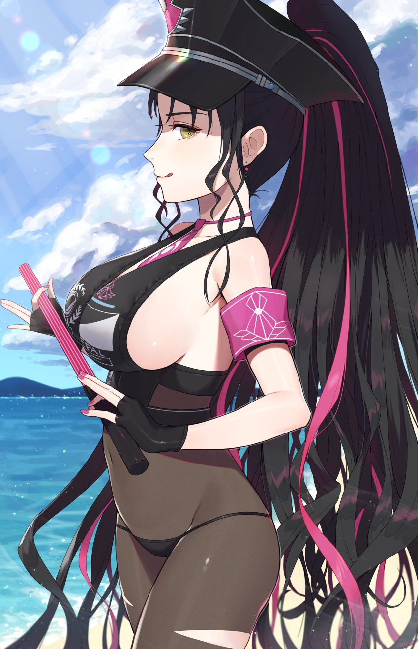 1girl, :q, absurdres, armband, bare_shoulders, beach, bikini, black_bikini
