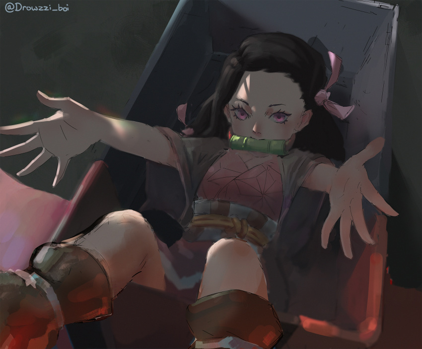 1girl, artist_name, bamboo, bit_gag, black_hair, boots, drowzzi, gag
