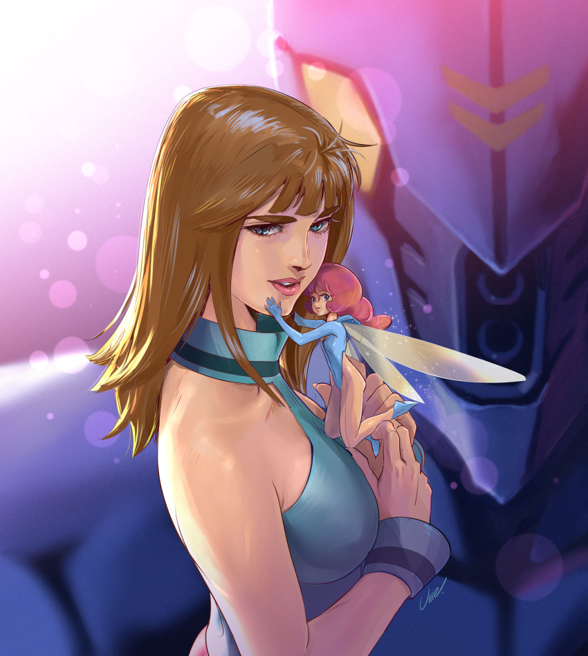 2girls, breasts, brown_hair, cham_fau, dunbine, fairy, fairy_wings, floating, green_eyes, highres, looking_at_viewer, looking_to_the_side, marvel_frozen, mecha, medium_breasts, minigirl, multiple_girls, orange_eyes, parted_lips, pink_hair, seisenshi_dunbine, umeno_ryuuji, wings
