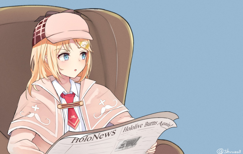 1girl, blonde_hair, blue_eyes, copyright_name, detective, eyebrows_visible_through_hair, hat, highres, hololive, hololive_english, meme, mustache_print, necktie, newspaper, shuuzo3, sitting, solo, tom_and_jerry, tom_reading_the_newspaper, virtual_youtuber, watson_amelia