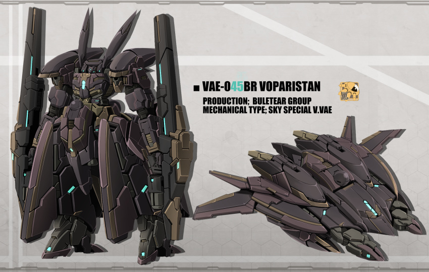 blue_eyes, character_name, dual_wielding, english_text, highres, holding, holding_weapon, mecha, multiple_views, no_humans, original, sibelurabbi, standing, tonfa, transformation, weapon