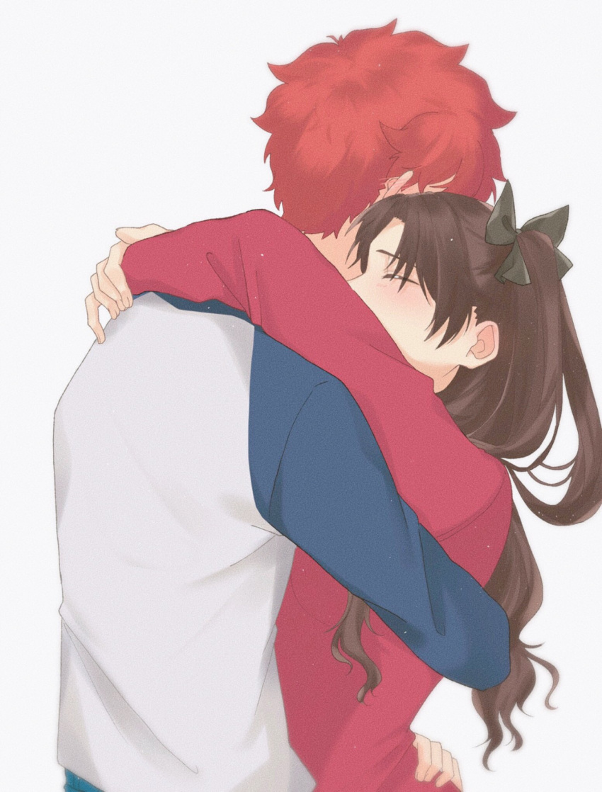 1boy, 1girl, black_hair, closed_eyes, emiya_shirou, fate/stay_night, fate_(series), fuji_(pixiv17518157), highres, hug, redhead, tohsaka_rin, two_side_up
