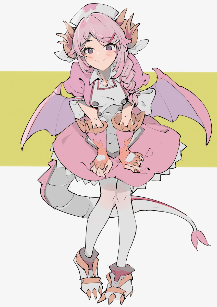 1girl, 523_(user_efcm2455), absurdres, braid, dragon_girl, dragon_tail, dragon_wings, dragonmaid_nasary, duel_monster, fingerless_gloves, gloves, highres, horns, leaning_forward, pink_eyes, pink_hair, smile, solo, tail, wings, yuu-gi-ou