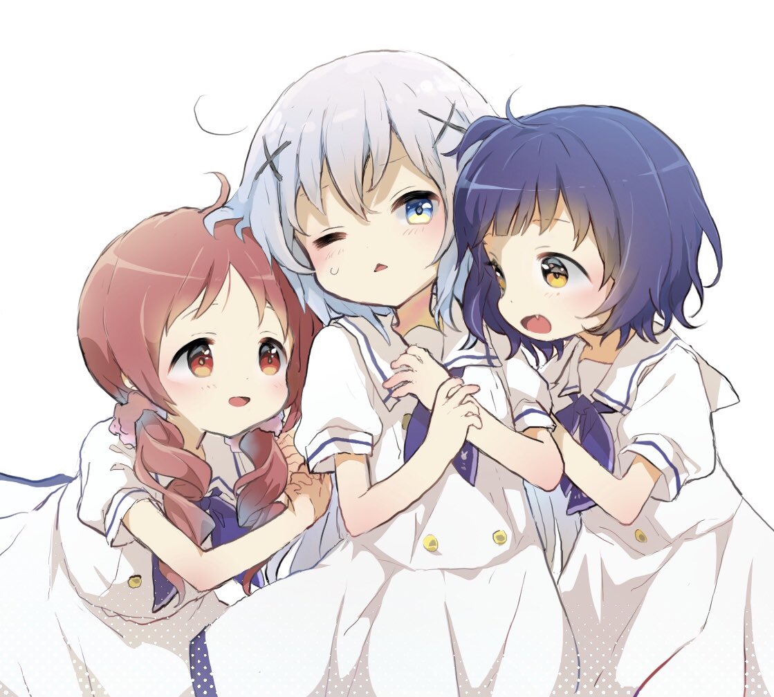 3girls, :d, bangs, blue_eyes, blue_hair, blue_neckwear, chimame-tai, drill_hair, fang, fuyukawa0410, girl_sandwich, gochuumon_wa_usagi_desu_ka?, hair_ornament, hair_scrunchie, jouga_maya, kafuu_chino, kafuu_chino's_school_uniform, light_blue_hair, long_hair, low_twintails, multiple_girls, natsu_megumi, one_eye_closed, open_mouth, puffy_short_sleeves, puffy_sleeves, red_eyes, redhead, sandwiched, school_uniform, scrunchie, short_hair, short_sleeves, simple_background, smile, triangle_mouth, twin_drills, twintails, white_background, wince, x_hair_ornament, yellow_eyes