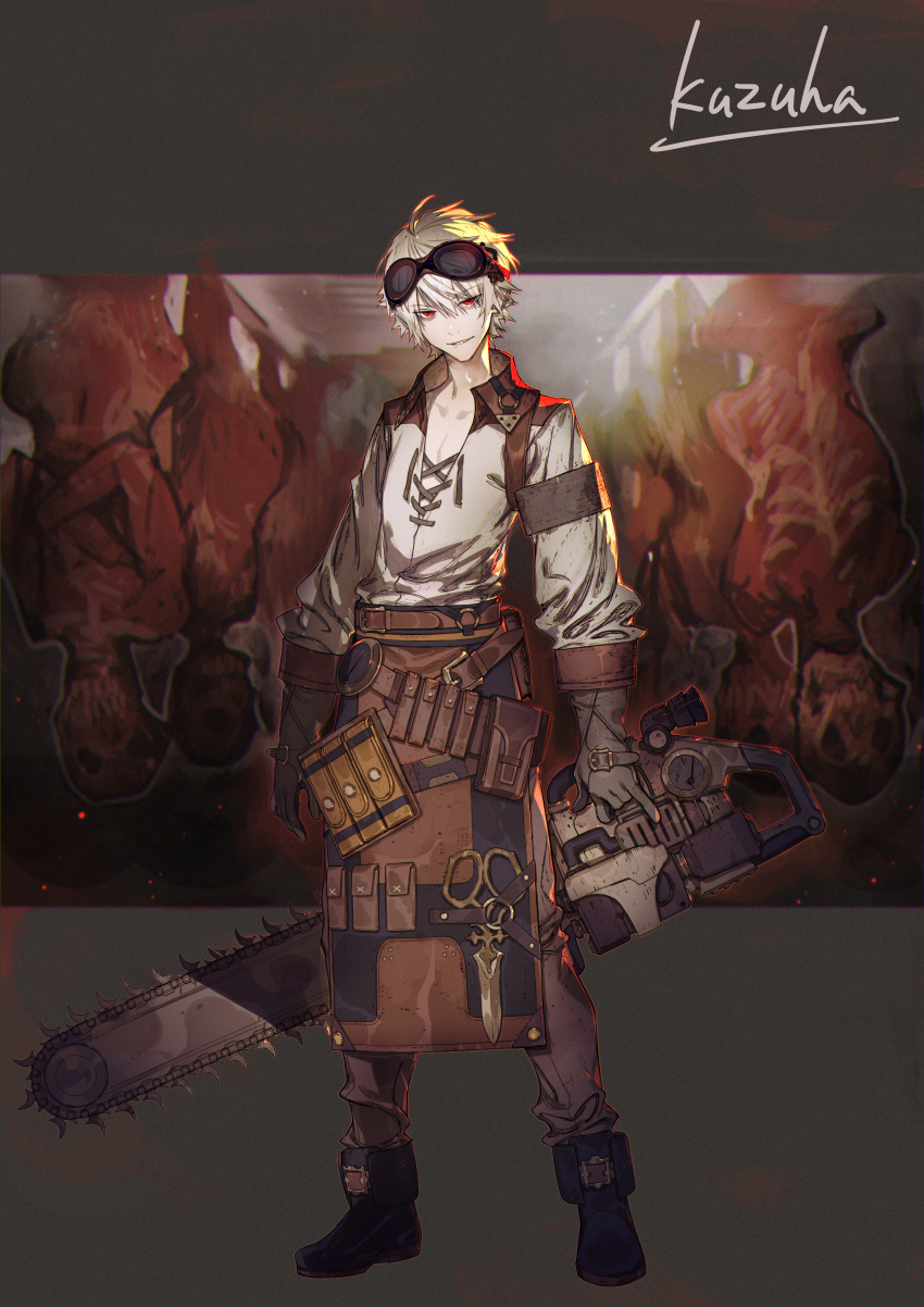 1boy, absurdres, alternate_costume, bare_chest, belt, belt_pouch, black_footwear, brown_gloves