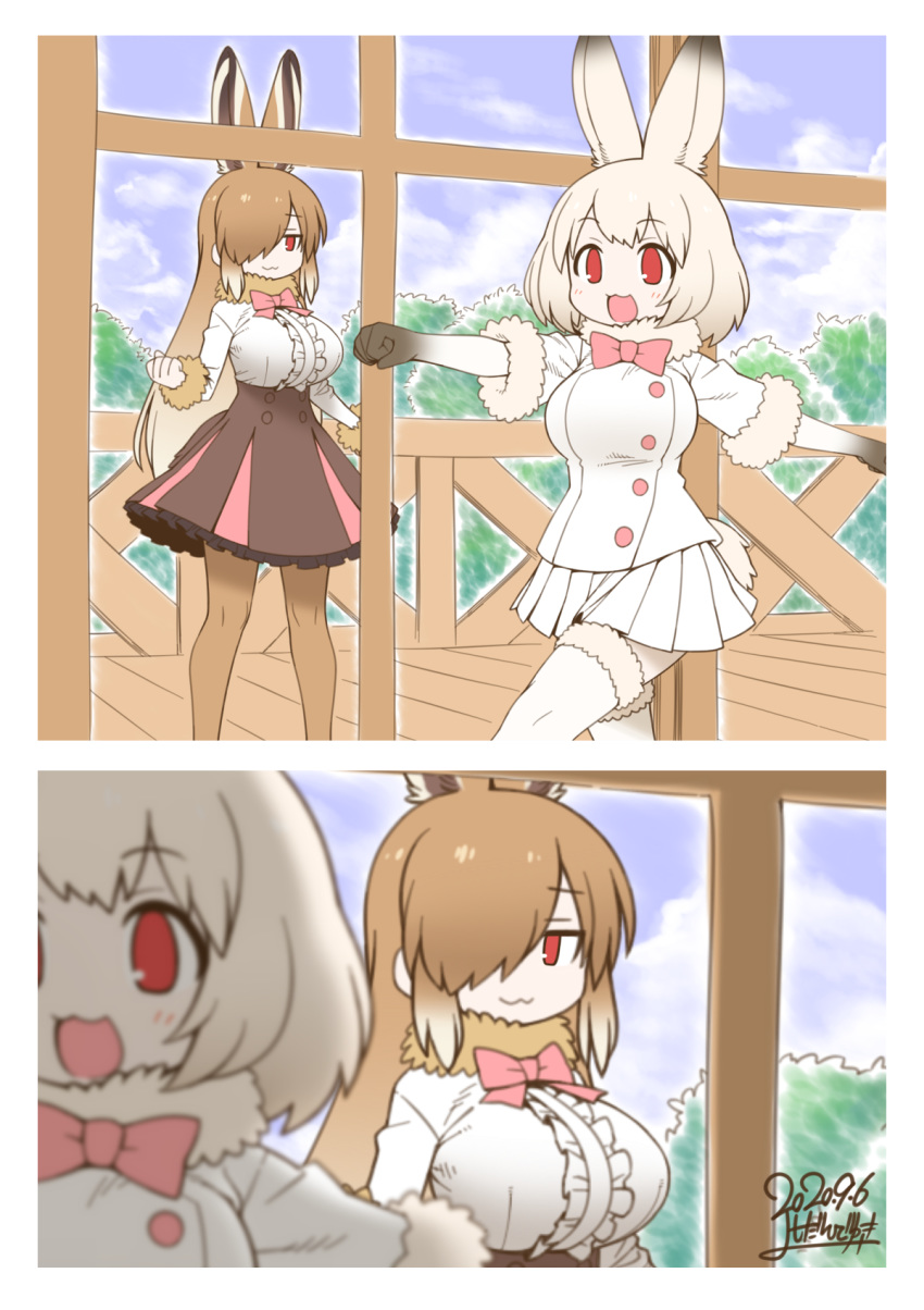 2girls, :3, :d, animal_ears, blue_sky, bow, bowtie, breasts