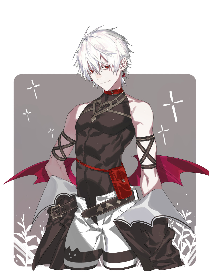 1boy, absurdres, bare_shoulders, belt, black_jacket, closed_mouth, collar, collarbone