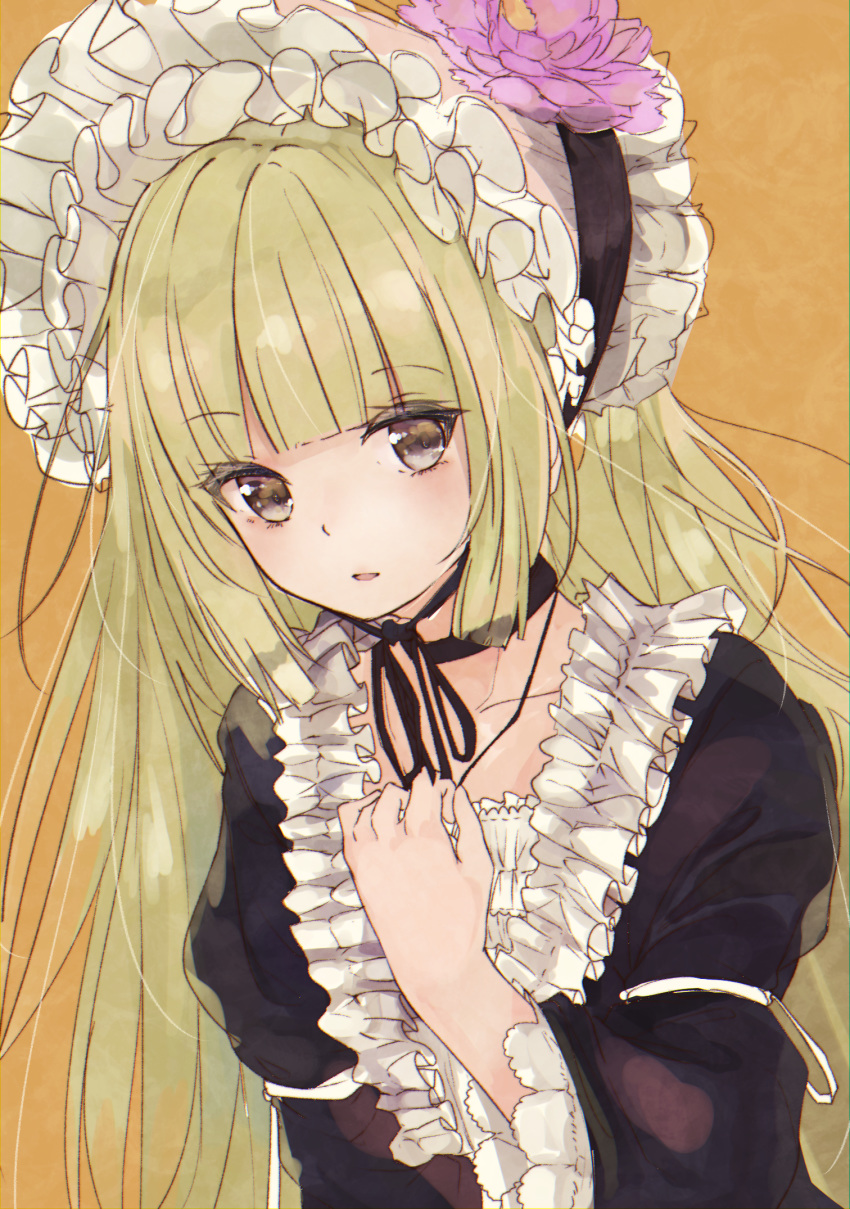 1girl, bangs, black_choker, blonde_hair, blunt_bangs, blush, brown_eyes, choker
