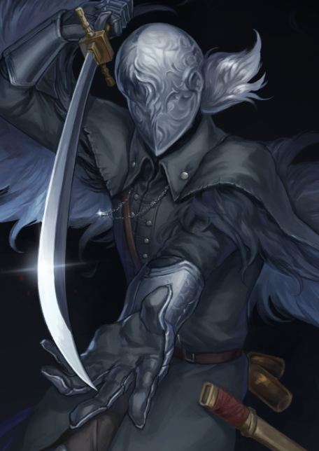 1boy, bell, belt, bloodborne, bloody_crow_of_cainhurst, cape, collar, gloves, helmet, katana, kizdollark, sheath, sword, weapon, white_hair