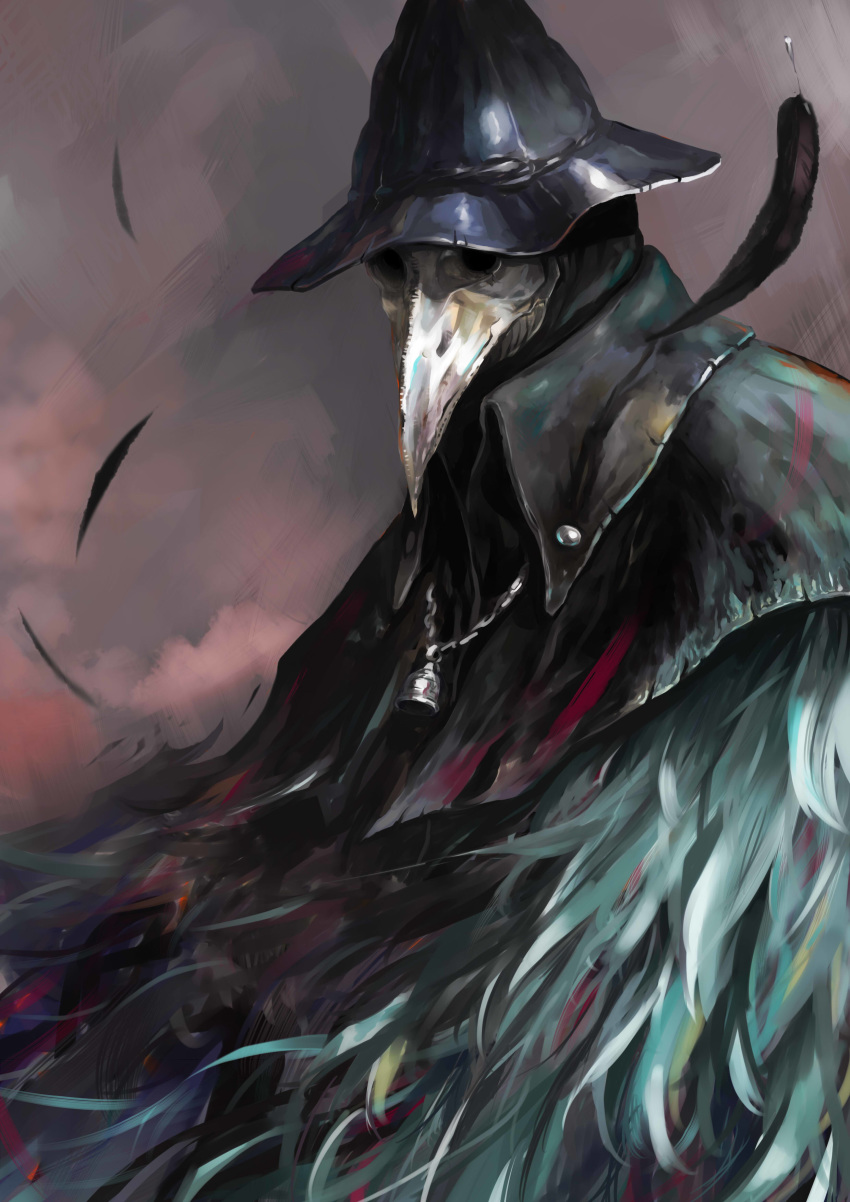 1girl, abstract_background, absurdres, beak, bell, bloodborne, collar, cracker