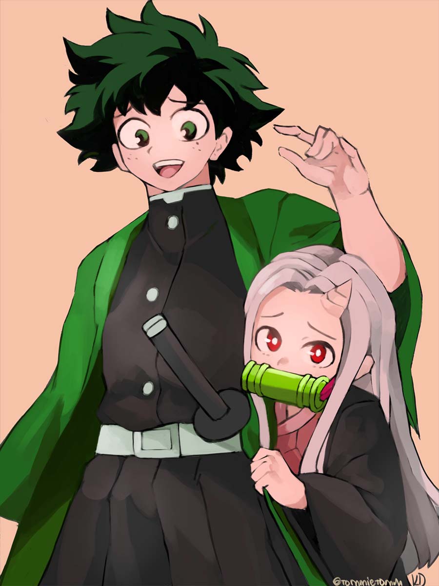 1boy, 1girl, :d, bit_gag, boku_no_hero_academia, child, cosplay, eri_(boku_no_hero_academia)
