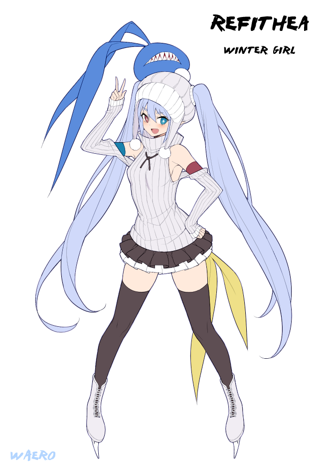 +_+, 1girl, :d, arm_up, artist_name, bangs, bare_shoulders, beanie