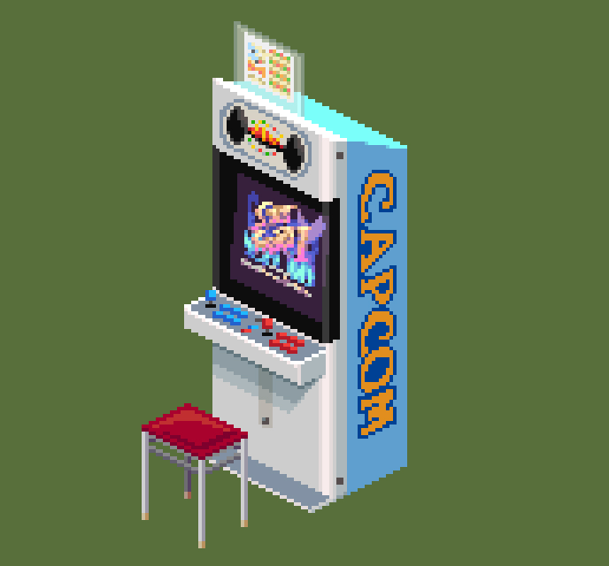 arcade_cabinet, capcom, company_name, controller, copyright_name, green_background, joystick, logo