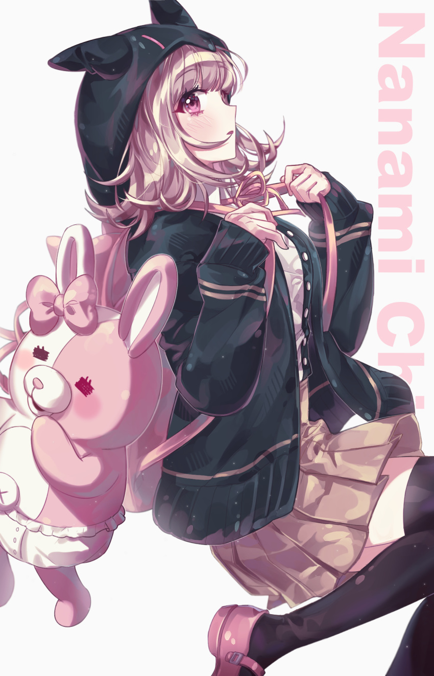 1girl, animal_hood, backpack, bag, black_hoodie, black_legwear, bow, breasts