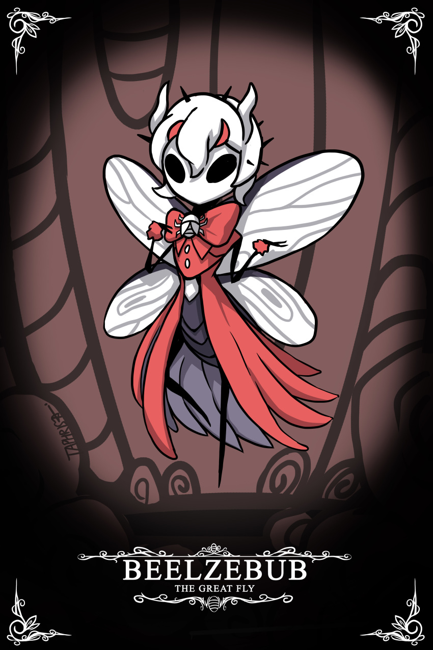 1girl, absurdres, artist_name, beelzebub_(helltaker), bow, bowtie, bug, character_name, commentary, dated, dress, hair_between_eyes, hands_up, helltaker, highres, hollow, horns, insect, insect_girl, insect_wings, looking_at_viewer, monster_girl, short_hair, signature, solo, standing, standing_on_one_leg, taphris, white_hair, white_horns, wings