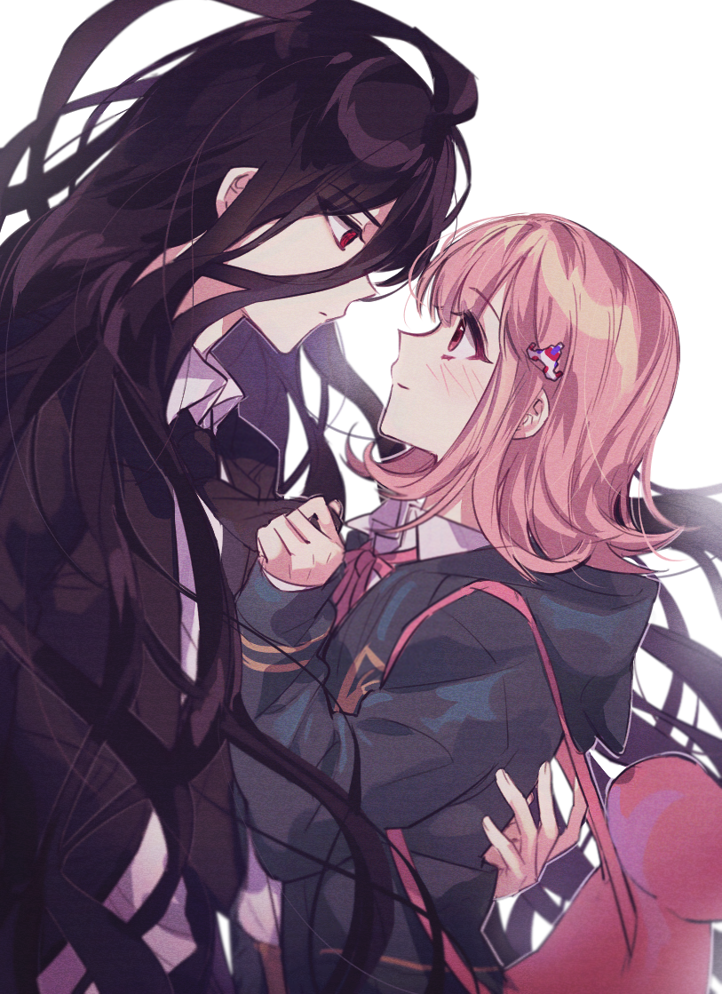 1boy, 1girl, ahoge, bangs, black_hair, black_jacket, blush, cat_bag