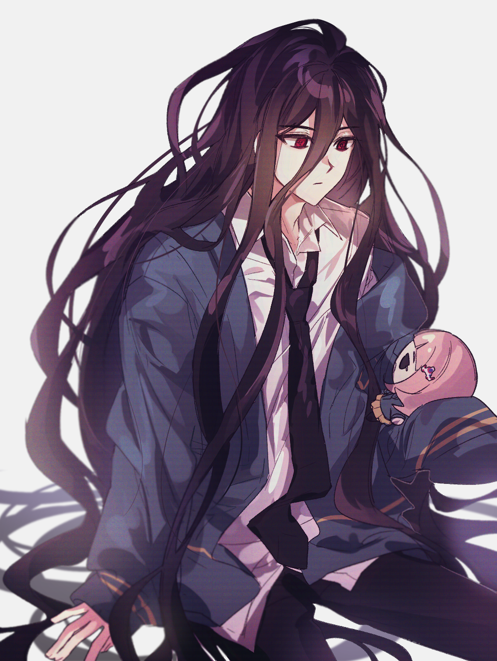 1boy, bangs, black_hair, black_jacket, black_neckwear, black_pants, character_doll, closed_mouth