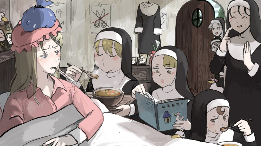 6+girls, :d, :o, ^_^, bed, bird, black_hair, blanket