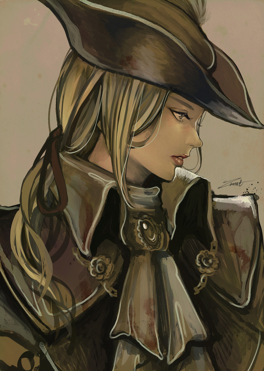1girl, bell, bell_collar, blonde_hair, blood, blood_stain, bloodborne, collar, gem, grey_eyes, hat, highres, lady_maria_of_the_astral_clocktower, lips, looking_to_the_side, ponytail, tricorne, yumae