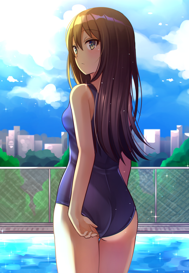 1girl, adjusting_clothes, adjusting_swimsuit, ass, bangs, blue_swimsuit, blush, breasts