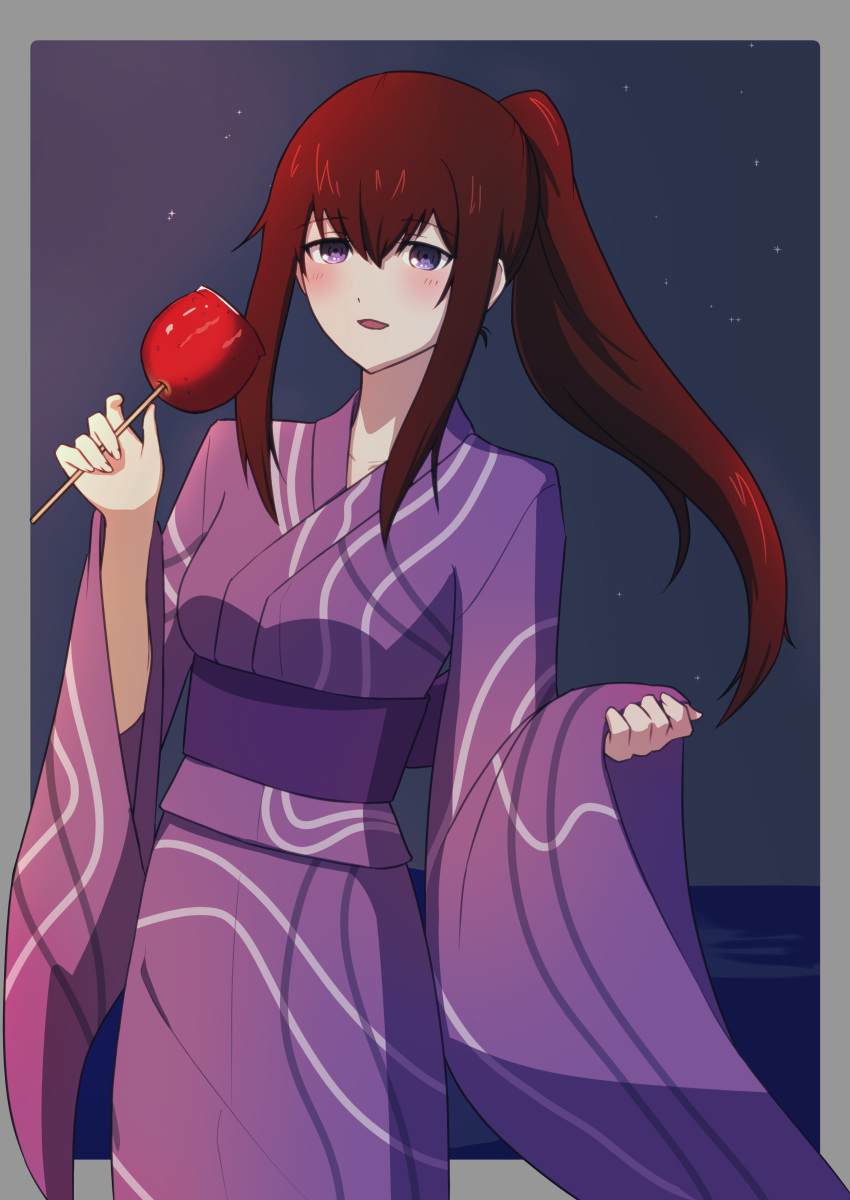 1girl, absurdres, alternate_costume, bangs, blush, candy_apple, eyebrows_visible_through_hair, floating_hair, food, hair_between_eyes, highres, holding, holding_food, japanese_clothes, kimono, long_hair, long_sleeves, makisato_hiromi, makise_kurisu, night, obi, open_mouth, outdoors, purple_kimono, redhead, sash, shiny, shiny_hair, solo, standing, steins;gate, striped, striped_kimono, tayutau0a0, very_long_hair, violet_eyes, wide_sleeves, yukata