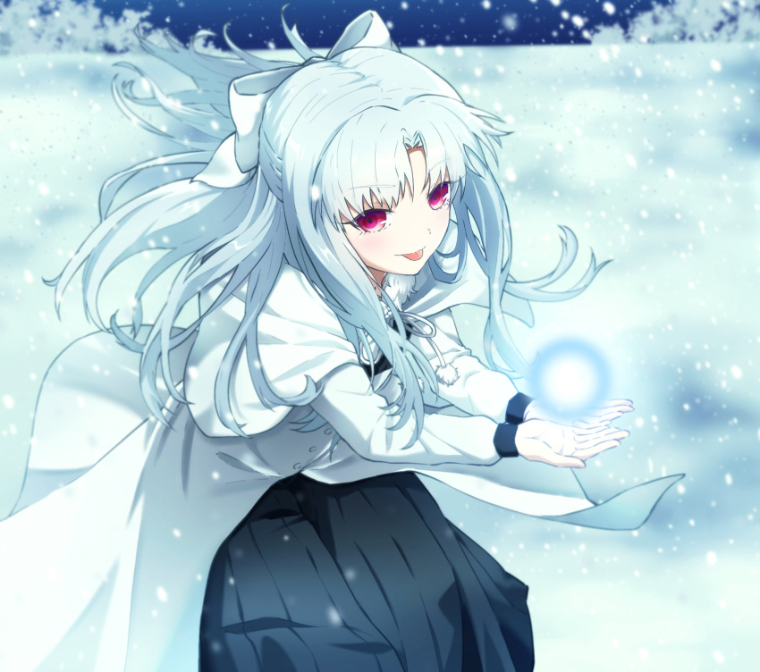 1girl, azami_masurao, black_skirt, bow, closed_mouth, coat, day, eyebrows_visible_through_hair
